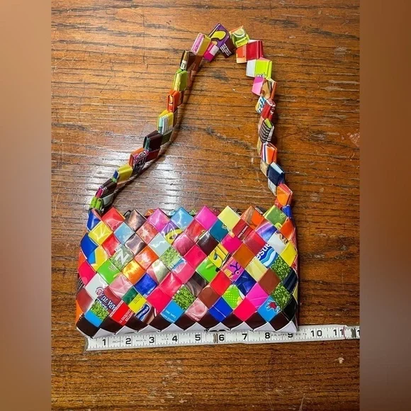 Colorful Candy Wrapper Woven Purse | Eco-Friendly Handmade Shoulder Bag - Picture 6 of 13